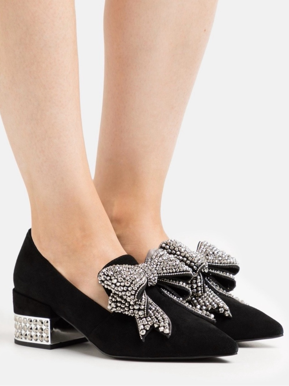 {Jeffrey Campbell} Valenti Embellished Silver Bow Loafer In Black Suede